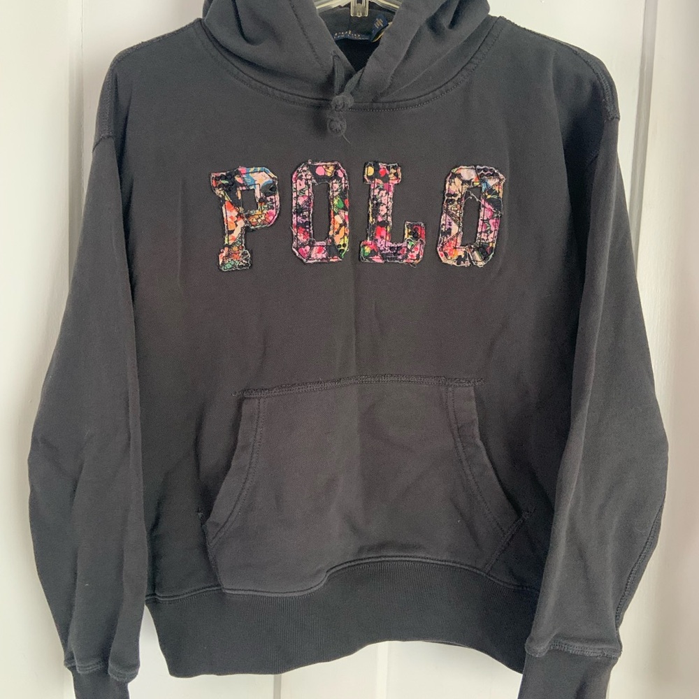 Ralph Lauren Polo Black Hoodie with Floral Logo embroidered, fabric, pocket,
